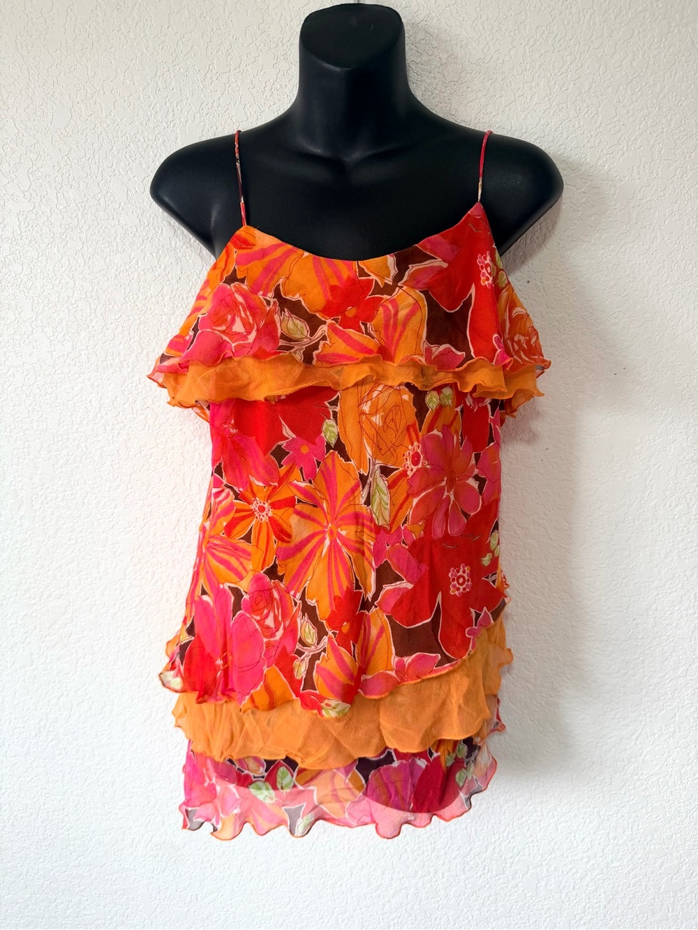 Vintage Fairycore 100% Silk Floral Ruffle Cami Top 🧡🌺